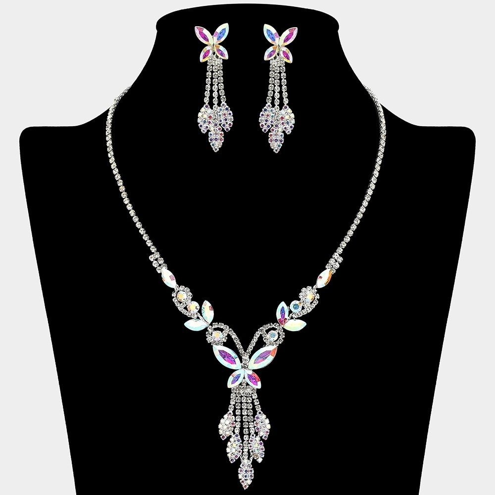 Abalone Silver Butterfly Drop Crystal Necklace Set Marquise Statement Jewelry